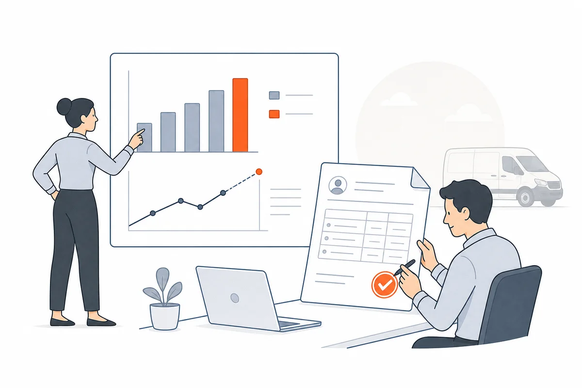 Two fleet managers reviewing a revenue and cost chart and a client invoice while managing vehicle finances.