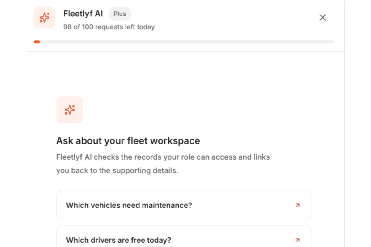 The Fleetlyf AI drawer with its workspace guidance and example fleet questions.