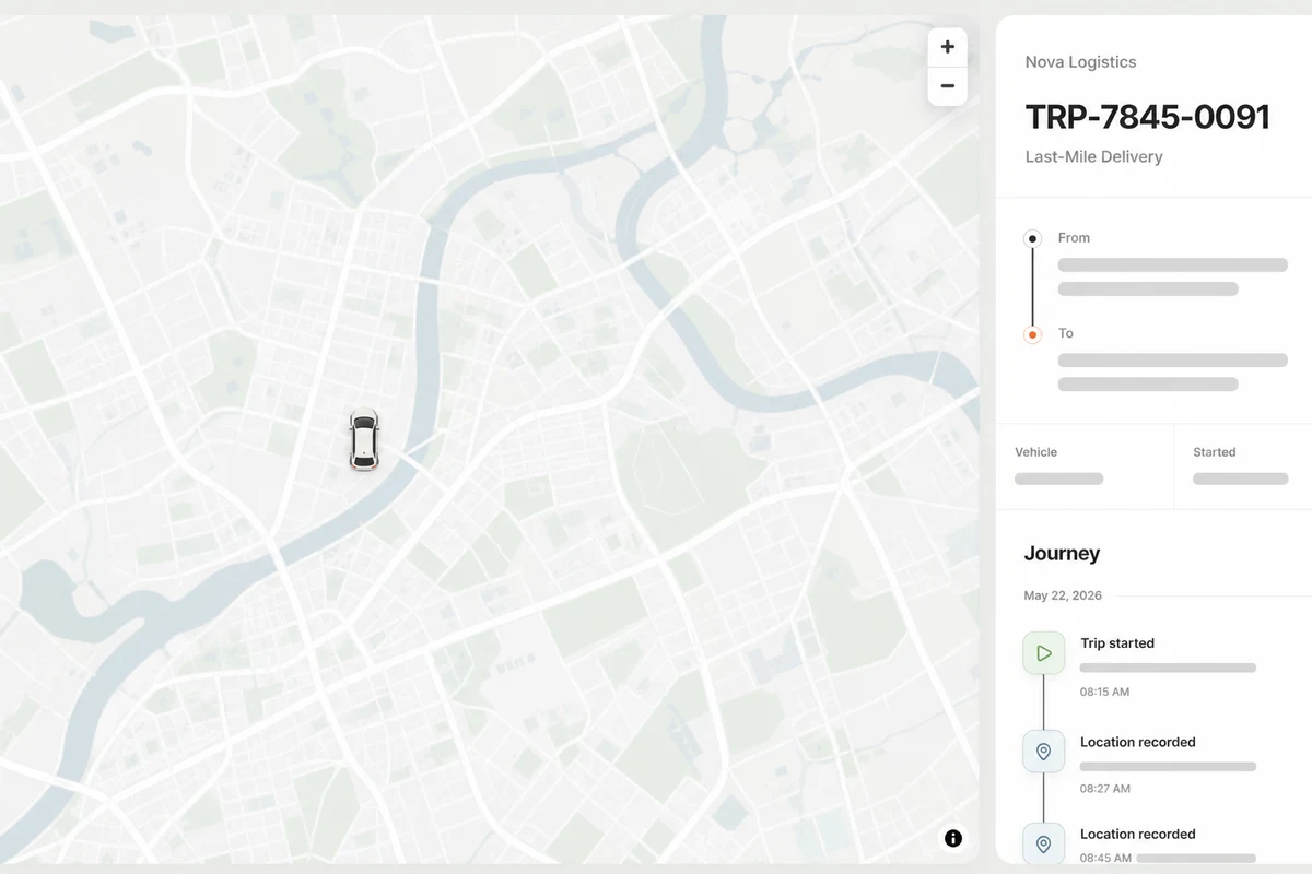 An anonymized client trip-progress view with a vehicle map and recorded journey timeline.